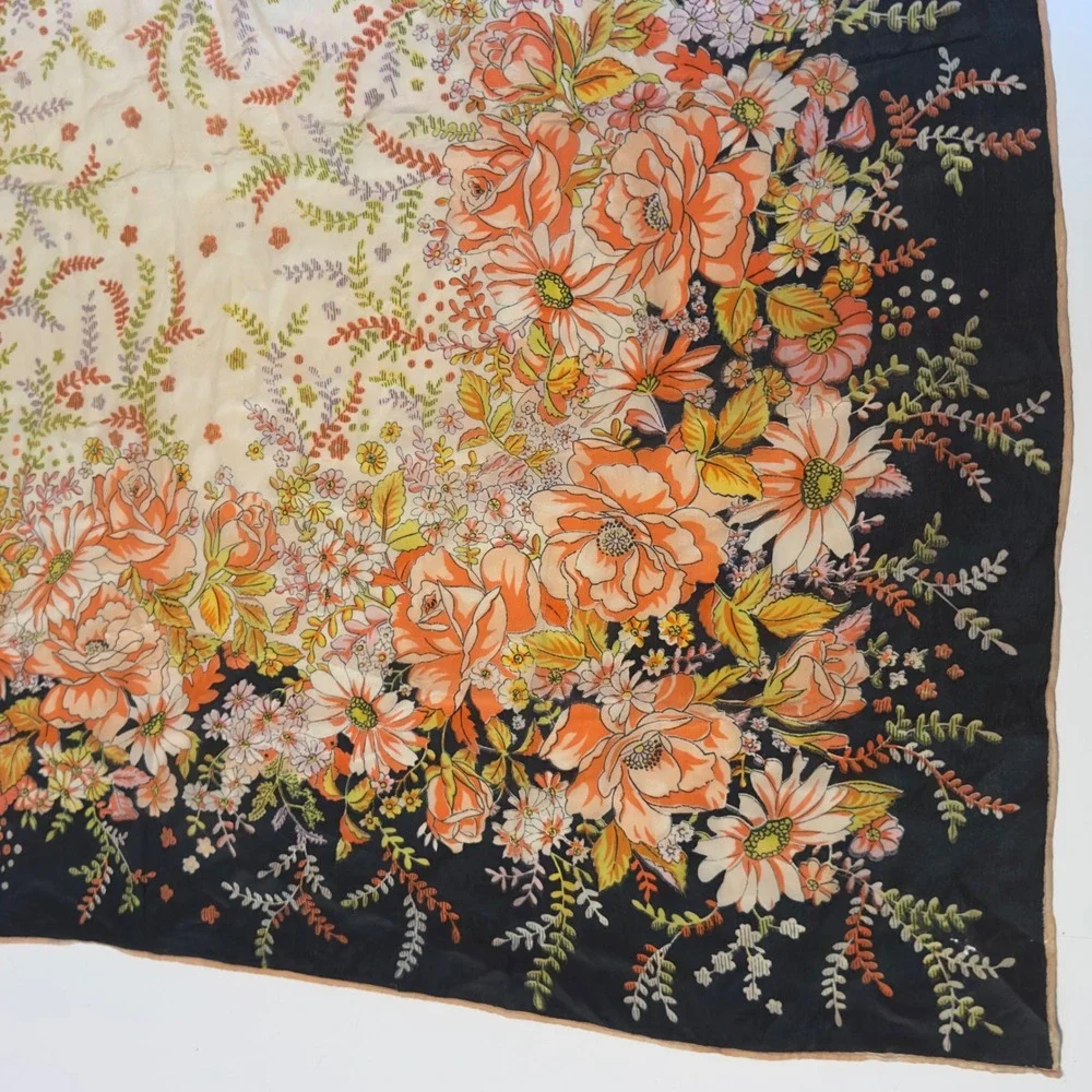 Vintage Floral Scarf Orange Black Garden Print Retro 32x34 Large Square Wrap